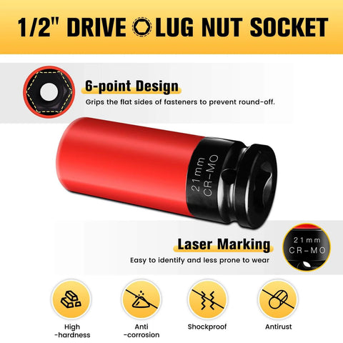 21mm One Half Inch Drive Wheel Protector Impact Socket Set Non Marring Lug Nut Thin Wall Deep Sockets Chrome Molybdenum Steel 6 Point Color Coded Protection For Wheels Hubs And Tire Changes