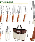 Heavy Duty 10 Piece Garden Tool Set For Women And Men With Aluminum Tools Non Slip Ergonomic Handles Tote Bag Gloves Includes Saw Trowel Cultivator Rake Pruner Weeder Perfect Gift layout and dimensions