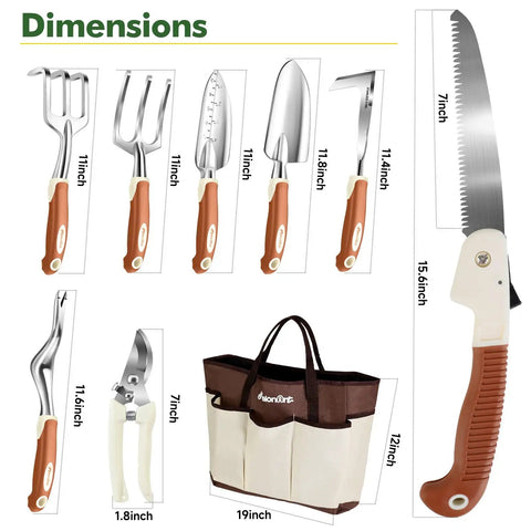 Heavy Duty 10 Piece Garden Tool Set For Women And Men With Aluminum Tools Non Slip Ergonomic Handles Tote Bag Gloves Includes Saw Trowel Cultivator Rake Pruner Weeder Perfect Gift layout and dimensions