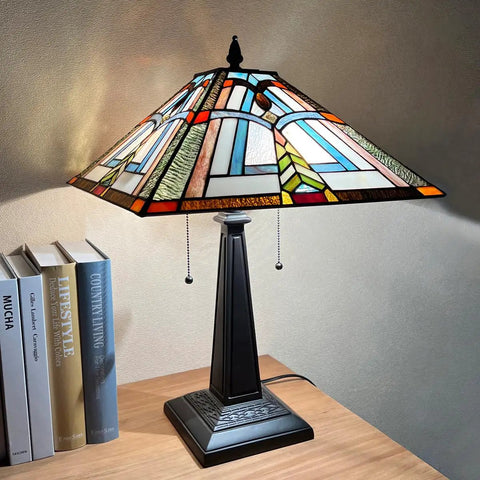 Stained Glass Tiffany Table Lamp 16 Inch Wide With Dope Mission Frank Lloyd Wright Style Desk Light on nightstand