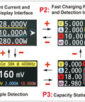 Display interface of USB Type C Power Meter And USB Multimeter For Real Time Voltage And Current Readouts, 0 To 6A, 4 To 36V Test, Bidirectional Measurement, High Resolution 0.0001V 0.0001A, 0.96 Inch Color LCD Display, Firmware Upgradable Portable Power Testing Tool showing voltage, current, and ripple detection.