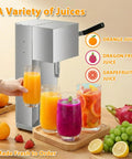 Hand Press Juicer With Fruit Cup Design Lever Extractor For Fresh Juice On Demand Eco Friendly Shop Ready Commercial Juicer With Sturdy Frame Compact Short Component And Long Extractor For Juice Shops, stainless steel, with assorted juices