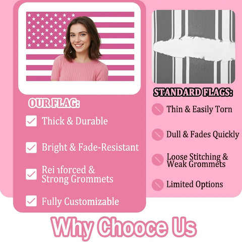 Comparison between Pink Dope American Flag 3x5 Ft Double Sided Outdoor Flag and standard flags with features highlighted