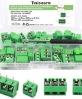 60 Pack Go-To 2 Pin and 3 Pin 5mm Pitch PCB Mount Screw Terminal Block Connectors Can Be Spliced Green for 14-22 AWG Wires Rated AC 300V 10A Easy To Install. Green screw terminal block kit in storage box with screwdriver.