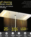 Heavy Duty 15 By 28 Inch Led Ceiling Rain Shower Head With Handheld Spray Antique Brass Finish top view with water outlets and light