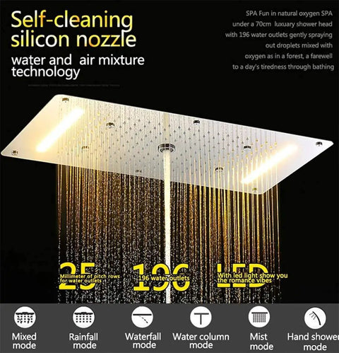 Heavy Duty 15 By 28 Inch Led Ceiling Rain Shower Head With Handheld Spray Antique Brass Finish top view with water outlets and light