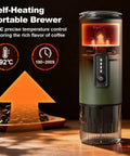 Self-heating portable brewer showcasing precise 92°C control with a visual display and coffee beans, part of 3 In 1 Portable Espresso Maker.
