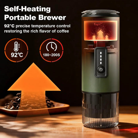Self-heating portable brewer showcasing precise 92°C control with a visual display and coffee beans, part of 3 In 1 Portable Espresso Maker.