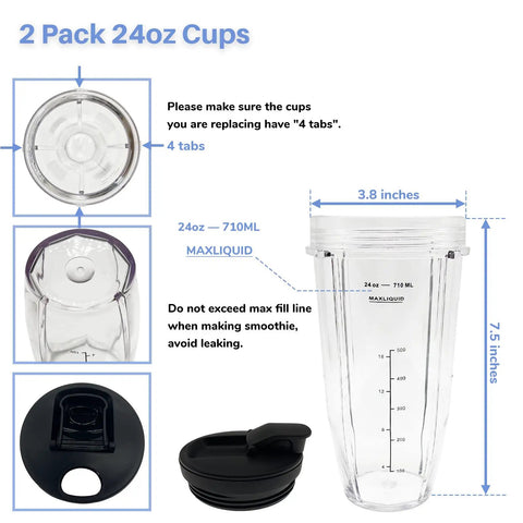 Diagram of 24 Oz Cups With Lids And 6 Fin Extractor Blade Replacement Kit For Nutri Ninja Auto IQ Blenders showing measurements