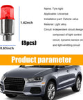 8 Pack LED Tire Valve Stem Cap Lights Waterproof Motion Activated Lit Neon Wheel Lights For Tire Valve Spokes Cool Wheel Decoration Accessory For Motorcycles shown with product dimensions and light alloy material.