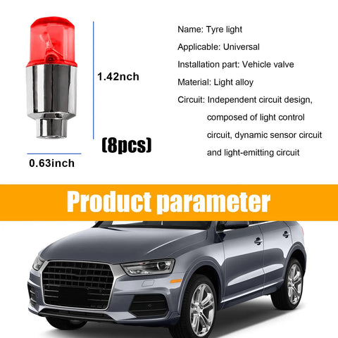 8 Pack LED Tire Valve Stem Cap Lights Waterproof Motion Activated Lit Neon Wheel Lights For Tire Valve Spokes Cool Wheel Decoration Accessory For Motorcycles shown with product dimensions and light alloy material.