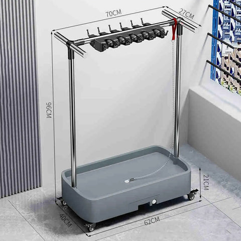 Heavy Duty Stainless Steel Broom Mop Rack Storage Cart With Double Row Hooks Keeps Your Cleaning Tools Ready To Roll Holds Long Handled Rakes Brooms Mobile Organizer Weather Resistant Up To 88 Pounds, shown in a side view with dimensions.