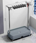 Stainless Steel Broom And Mop Rack With Double Row Hooks And Slots Mobile Cleaning Tool Cart For Long Handled Tools Rakes And Brooms Heavy Duty Home Garage Organizer shown installed in a corner space