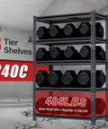 Beefy Heavy Duty Metal Shelves With 2400 Lb Capacity For Garage Pantry Basement And Closet Organization 60 Inch Tall Two Piece Set multi-use storage racks shown with five tiers and weight labels