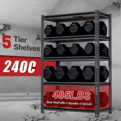 Beefy Heavy Duty Metal Shelves With 2400 Lb Capacity For Garage Pantry Basement And Closet Organization 60 Inch Tall Two Piece Set multi-use storage racks shown with five tiers and weight labels