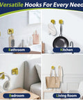 Heavy Duty Self Adhesive Wall Hooks Built Different, Stainless Steel Sticky Towel Holder With Knockout Grip For Bathroom Shower Or Kitchen, Hang Heavy Coats Without A Sweat, Gold Finish, 2 Pack displayed in bathroom, kitchen, bedroom, and living room settings.