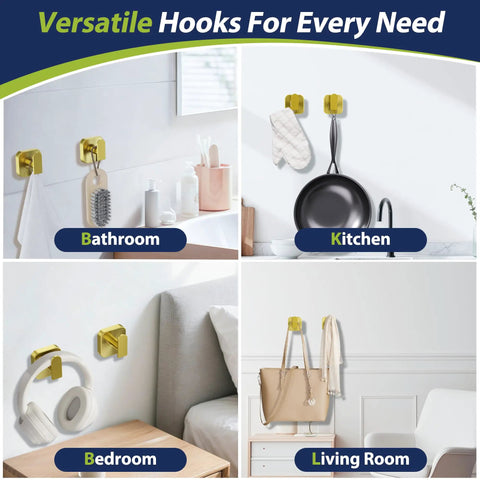 Heavy Duty Self Adhesive Wall Hooks Built Different, Stainless Steel Sticky Towel Holder With Knockout Grip For Bathroom Shower Or Kitchen, Hang Heavy Coats Without A Sweat, Gold Finish, 2 Pack displayed in bathroom, kitchen, bedroom, and living room settings.