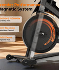 Magnetic Indoor Exercise Bike With Exclusive App, 50 lb flywheel detail, precision control, durability features highlighted