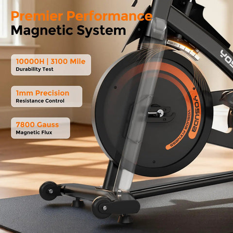 Magnetic Indoor Exercise Bike With Exclusive App, 50 lb flywheel detail, precision control, durability features highlighted