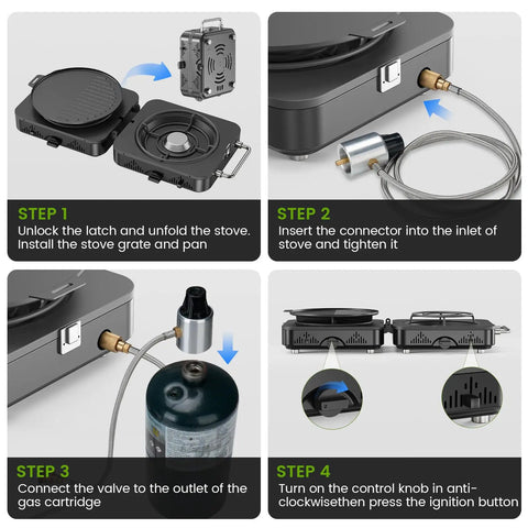 Assembly instructions for 2 Burner Propane Camping Stove With 20,000 BTU Total Heat, Foldable Portable Camp Stove With Piezo Ignition.