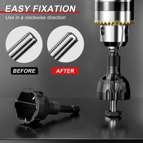Two-pack deburring external chamfer tools with tungsten carbide blades; quick-release 1/4" hex shank, shown attached to a drill.