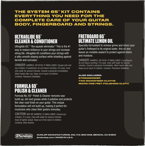 System 65 Guitar Tech Kit packaging with product details for Ultraglide 65 and Fretboard 65 on black background.
