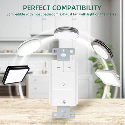 Dual Control Dimmer Switch for Exhaust Fan and Light, White Single Pole Fan Light Dimmer With Neutral Wire Required shown with compatible lights