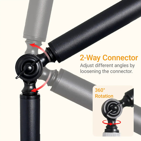2-Way Connector of Tool Free Clamp On Dust Collection Boom Arm showing adjustable angles for perfect hose alignment.