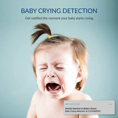 Image of a crying baby with text 'Baby Crying Detection' illustrating 1080P Indoor Security Cam 4 Pack With AI Detection And Activity Zones.