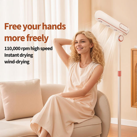 Hands Free High Speed Hair Dryer With Floor Stand 110000 RPM Brushless Motor Ionic Negative Ion Tech in home setting.
