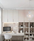 Plug In Mini Crystal Chandelier, White Retro Ceiling Light over modern home office with shelves and desk