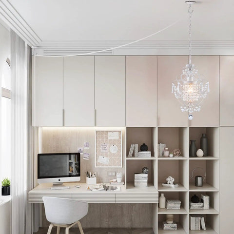 Plug In Mini Crystal Chandelier, White Retro Ceiling Light over modern home office with shelves and desk