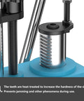 Close-up of Heavy-Duty Cast Iron Arbor Press Rock Solid Half-Ton Manual Stamping Vise showing heat-treated teeth for durability.