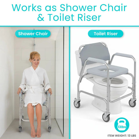 Real Deal Rolling Shower Chair With Slick Glide Casters Doubles As Raised Toilet Riser For Bathroom Mobility Heavy Duty Frame And Zero Stress Assembly