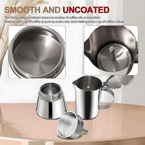 Uncoated 2 Cup Moka Pot Thick 304 Stainless Steel Stovetop Espresso Coffeemaker For Home Travel Camping Brews Like A Pro Rich Italian Style Greca Cafe Mocha Pot 100ml 3.3oz, disassembled view showing lid, filter, and base