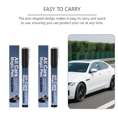 Smooth Roll Ready In Minutes With This Magic Car Scratch Remover Pen Two Pack displayed with white car on road.