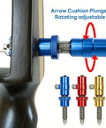 Adjustable Magnetic Arrow Rest And Cushion Plunger For Bows Featuring Slick Aluminum Rebound Mechanics, blue cushion plunger on a bow.