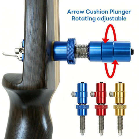 Adjustable Magnetic Arrow Rest And Cushion Plunger For Bows Featuring Slick Aluminum Rebound Mechanics, blue cushion plunger on a bow.