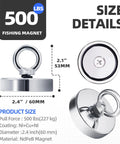 Front view: 2.4 inch diameter neodymium fishing magnet with ring handle; 60 mm, 500 lb pull, Ni+Cu+Ni coating