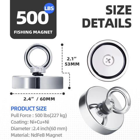 Front view: 2.4 inch diameter neodymium fishing magnet with ring handle; 60 mm, 500 lb pull, Ni+Cu+Ni coating
