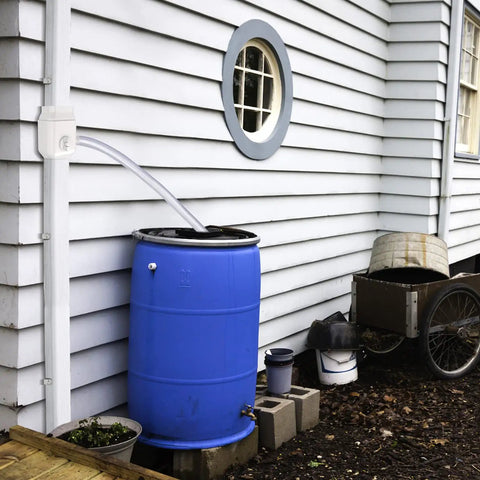 Downspout Diverter for 2x3 Standard Gutters Fits 2x3 Downspouts, Collect Rainwater Into Your Rain Barrel, Eco Friendly Garden Watering System, No Fuss Install, Maximize Harvested Rain And Cut Water Bills, white diverter on downspout filling blue rain barrel