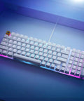 Full Size Prebuilt Mechanical Gaming Keyboard Featuring Compact 96 Layout In Crisp White Design With Silky Smooth Linear Switches Durable Abs Keycaps Reliable Double Shot Legends And Stunning Per Key Rgb Backlighting.