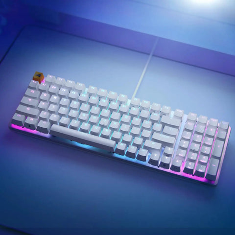Full Size Prebuilt Mechanical Gaming Keyboard Featuring Compact 96 Layout In Crisp White Design With Silky Smooth Linear Switches Durable Abs Keycaps Reliable Double Shot Legends And Stunning Per Key Rgb Backlighting.