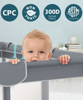 Child peeking over Ultra Safe Big Baby Playpen For Babies And Toddlers Indoor Outdoor Gate With Breathable Mesh in grey.