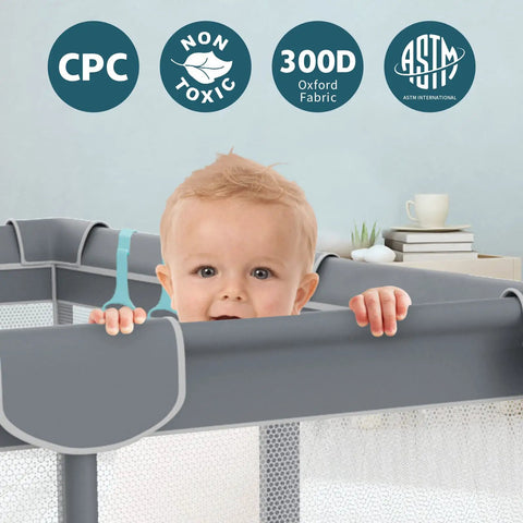 Child peeking over Ultra Safe Big Baby Playpen For Babies And Toddlers Indoor Outdoor Gate With Breathable Mesh in grey.
