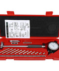 BINGOX dial bore gauge set in red case; 2-6 in range, dial indicator, extension rods, and manual.