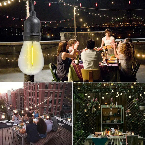 Group dining under 24-Pack LED S14 String Light Bulbs, 1W Shatterproof Plastic Edison Style, Warm White 2200K, Waterproof