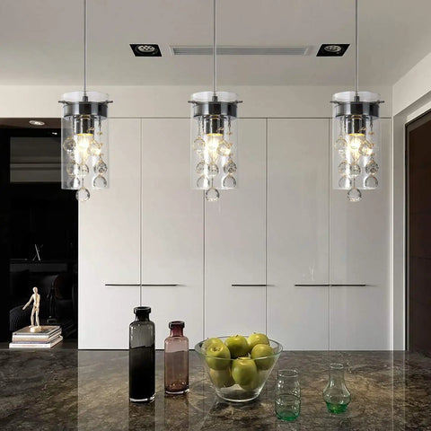 Three Pack Crystal Pendant Lights For Kitchen Island With Adjustable Chrome Finish Glass Shade Teardrop Crystals Modern Dining Area