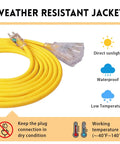 Lighted 50 Ft Outdoor Extension Cord With 3 Outlets Heavy Duty 14 Gauge 3 Conductor SJTW Bright Yellow Cable coiled on a surface