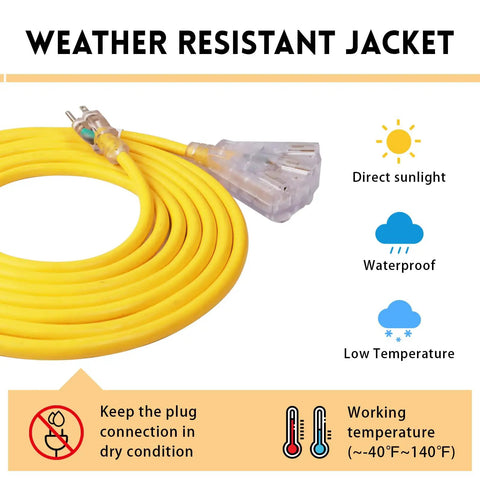 Lighted 50 Ft Outdoor Extension Cord With 3 Outlets Heavy Duty 14 Gauge 3 Conductor SJTW Bright Yellow Cable coiled on a surface